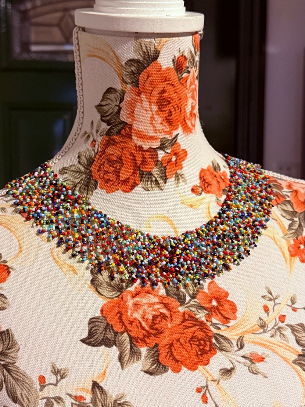 This is a handmade by indigenous Ecuadorians beaded collar necklace